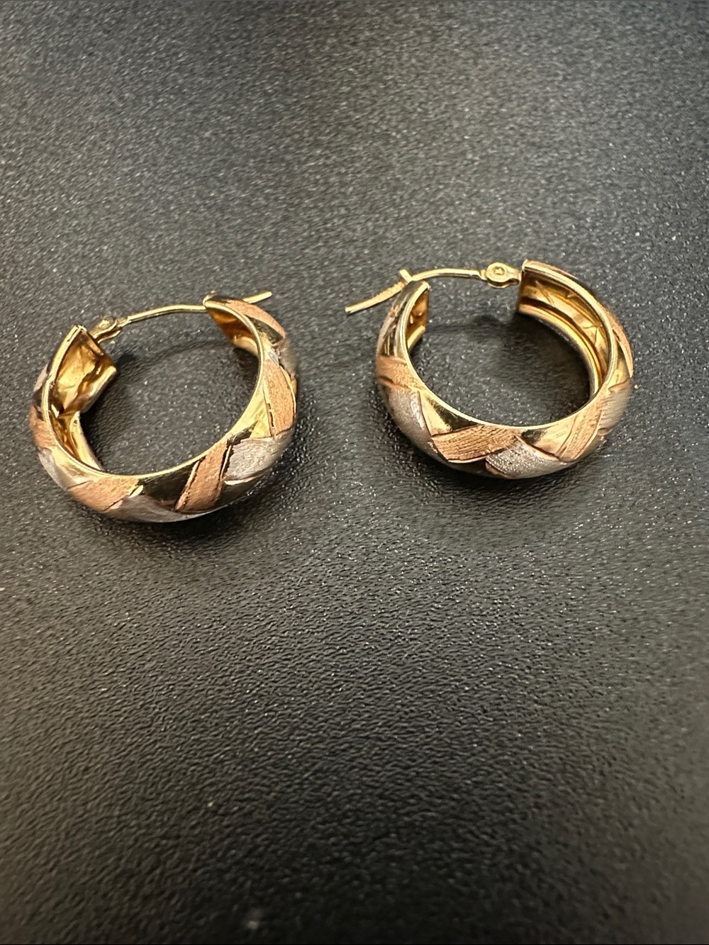 Tri-Tone Hoop Earrings - Gold, Rose, and White Gold - note: damaged